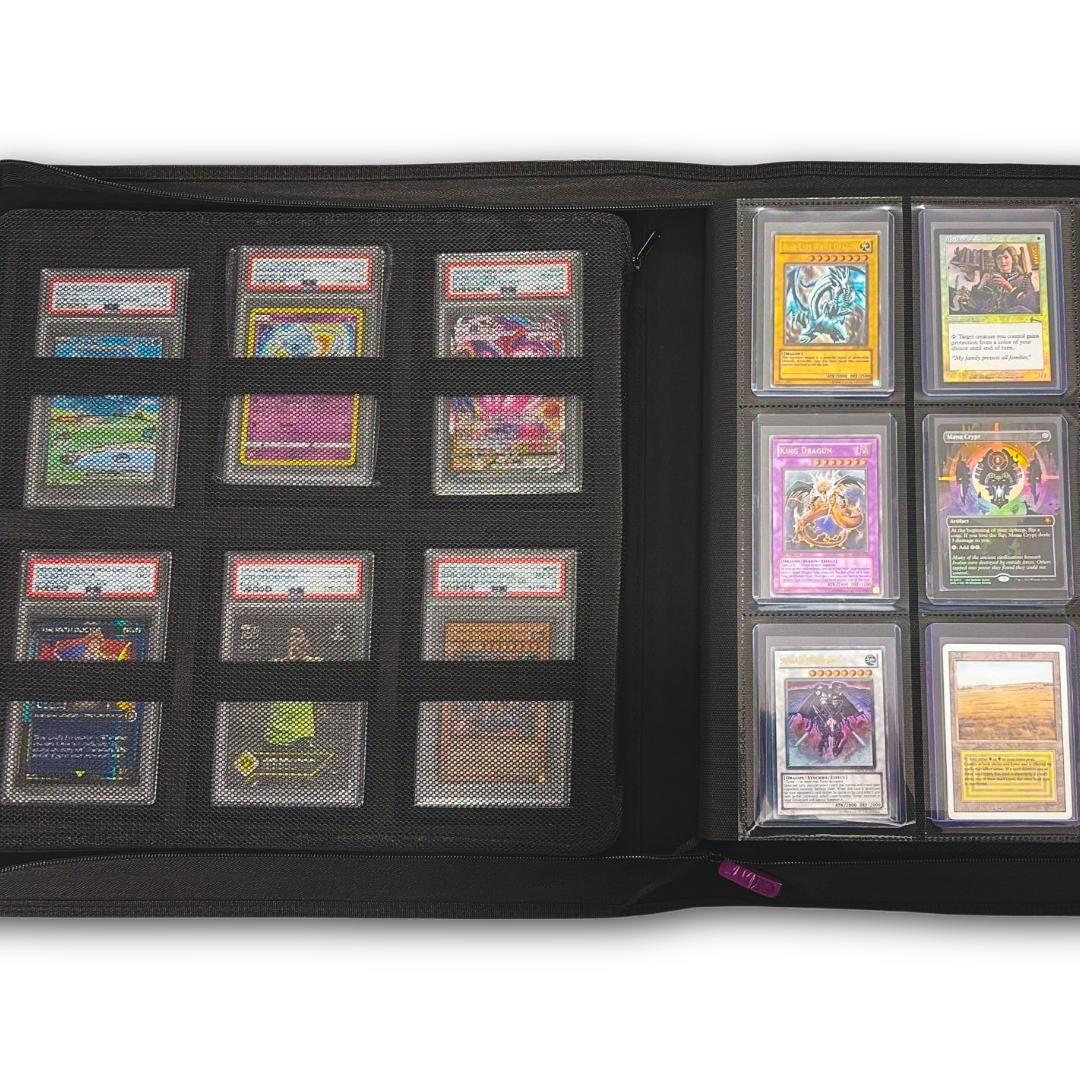 Showcase Pro elite collector binder showing front pages with graded cards and cards in Toploader