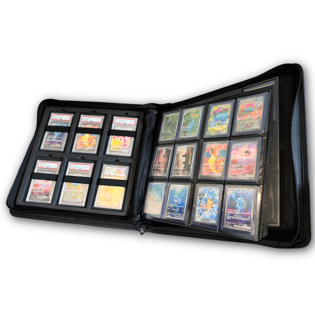 Showcase Pro elite collector binder showing front pages with graded cards and cards in Toploader across he entirety of the front pages